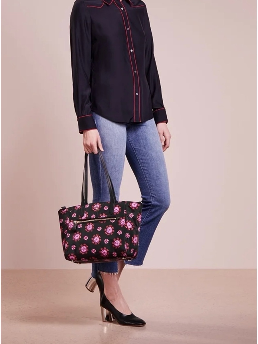 Michael Kors Black Tote with Pink Floral Motif - Picture 3 of 12